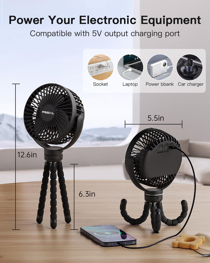 Portable Stroller Fan, Use as Power Bank, 65H 12000Mah Battery Operated Fan Flexible Tripod Baby Car Seat Fans with Timming, Personal Mini Handheld/Desk/Small Clip on Fans for Stroller