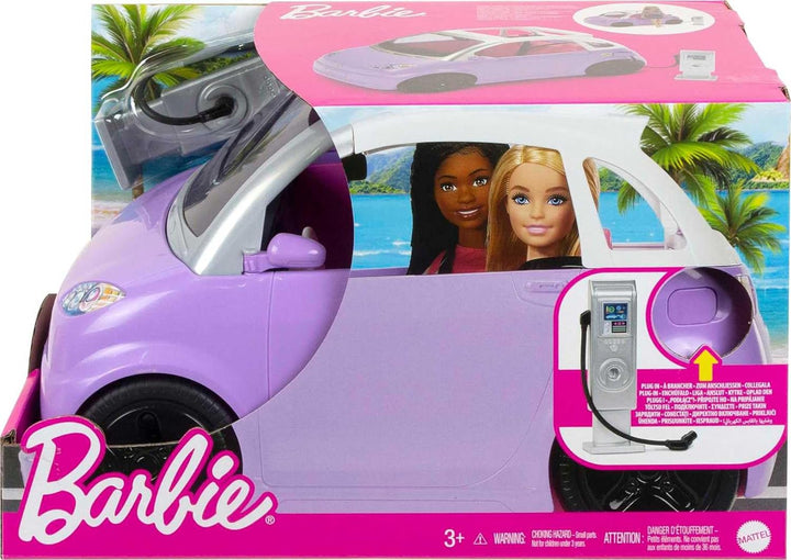 Doll Accessories, Toy Car Electric Vehicle with Charging Station, Plug & Sunroof, Purple 2-Seater Transforms into Convertible