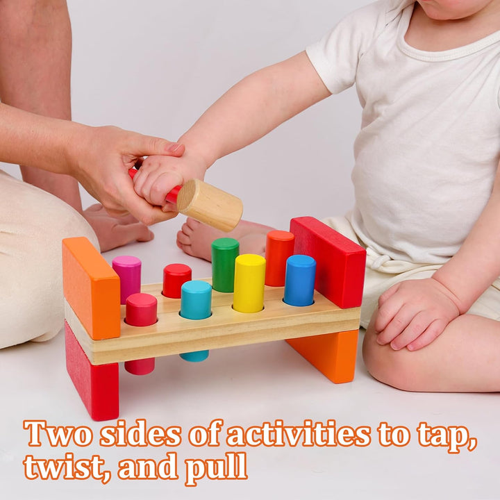 Wooden Hammer Toy for Toddlers 1-3, Montessori Pounding Bench Toy with 8 Pegs and Mallet for Hand-Eye Coordination, STEAM Toddler Toy