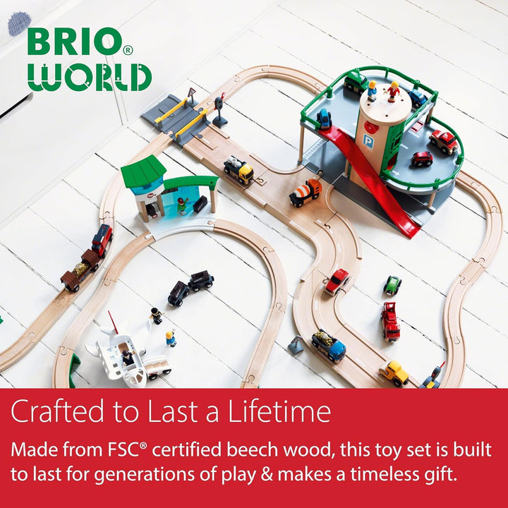 World Parking Garage - 7-Piece Wooden Toy Garage with 2 Cars, 1 Transporter Wagon, and Wooden Ramp Tracks - Works with All  Train Sets - Fsc-Certified - Sparks Creativity & Fun - Ages 3 & Up