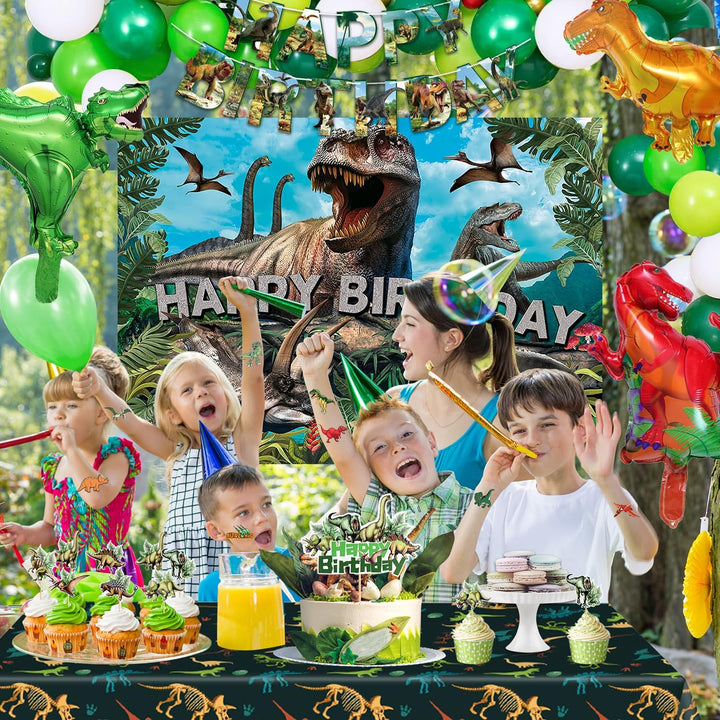 Dinosaur Birthday Party Decorations for Boys - Dinosaur Themed Party Supplies for Kids with Tablecloth, Banner, Backdrop, Cake Topper, Balloons & Stickers