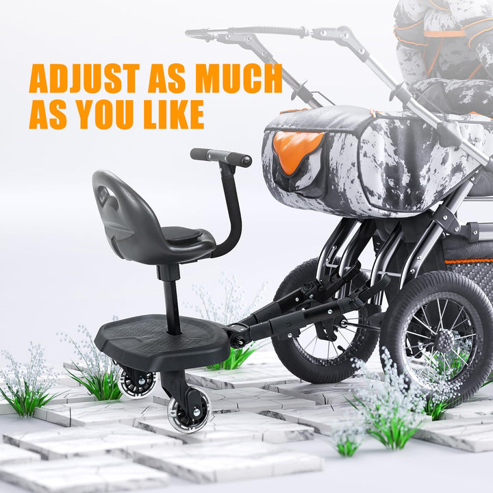Universal 2-In-1 Stroller Board，Child Rider Stroller Attachment with Saddle Seat and Standing Platform ，Quick and Easy to Use, Safety Design 2025 Upgrade