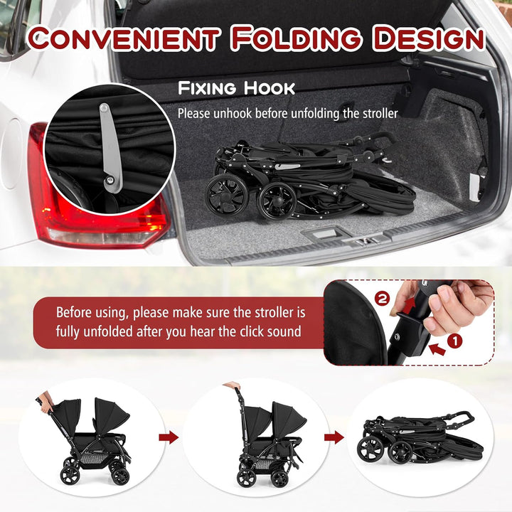 Double Stroller, Foldable Lightweight Infant Twin with Tandem Seating, 5-Point Harness, Recline Seat, Storage Basket, Compact Baby Double Stroller Newborn and Toddler (Black)