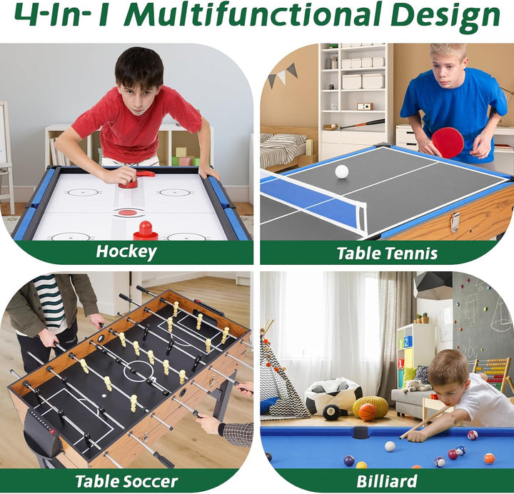 54" 4-In-1 Multi Game Table, Combination Game Table Set, Combo Games Table for Home, Game Room W/Soccer, Billiards Tabletop, Table Tennis, Hockey Tabletop