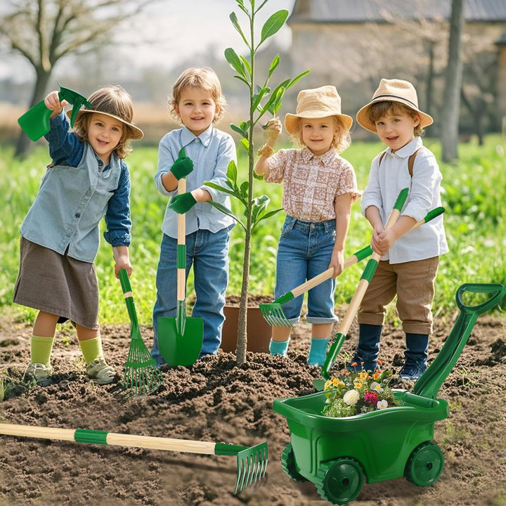 Kids Gardening Tools Set - 7Pcs Wheelbarrow Set for Kids with Shovel, Rake, Leaf Rake, Summer Outdoor Yard Digging Weed Toys, Halloween Birthday Gifts for Boys Girls Age 2 3+ Years Old(Green)