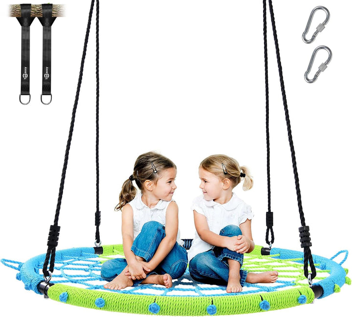 750Lbs 40" Spider Web Saucer Tree Swing for Kids Adults, Outdoor Net Swing with Steel Frame and 2 Hanging Straps-Blue