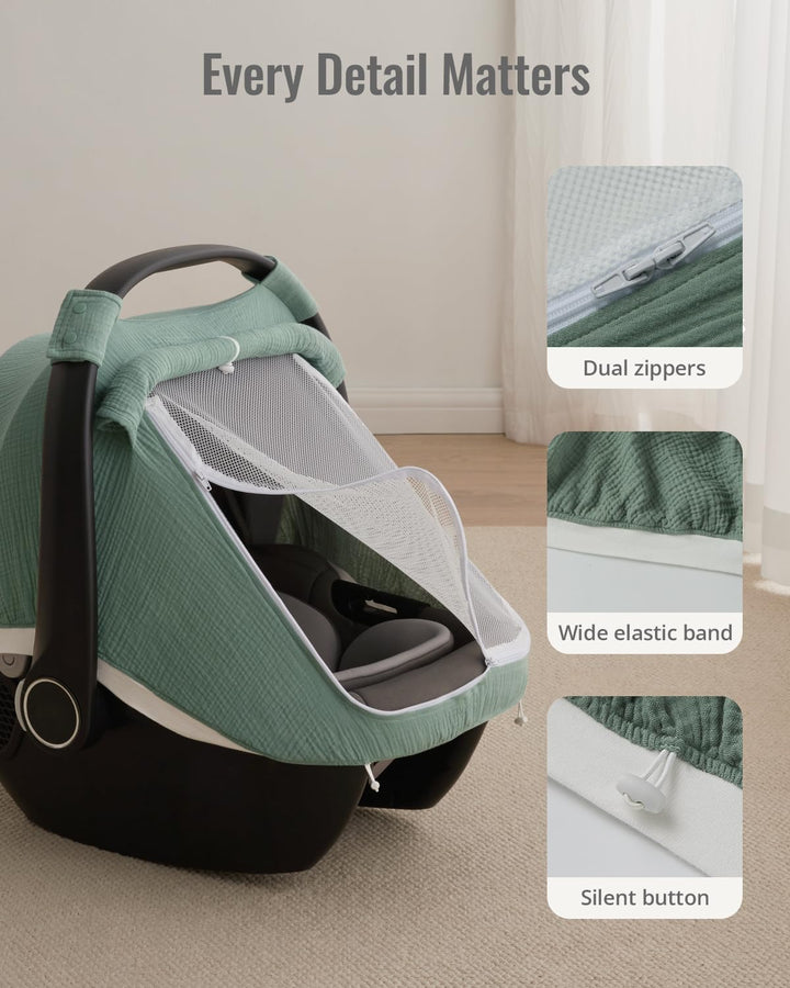 Baby Car Seat Cover, Extra Large Mesh Window, Breathable Muslin Cotton, Infant Windproof Canopy, Must-Have Baby Gift - Roman Green