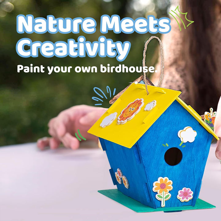 DIY 12 Wooden Bird House Kits - Creative Arts and Crafts Set for Kids and Adults - Unfinished Wood Birdhouses with Paint Strips, Brushes, Stickers and Strings - 3 Unique Shapes, 2 Sizes