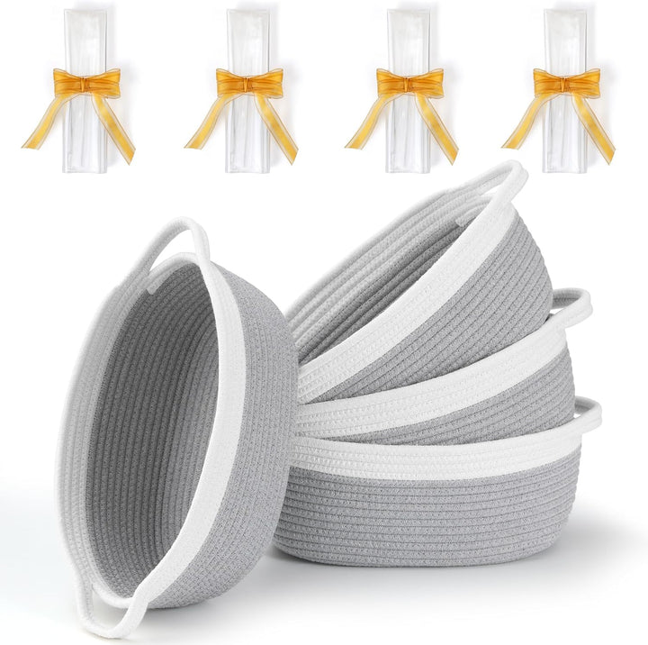 4 Pack Small Woven Basket with Handles, All 12"X 8"X 5", Cotton Rope Room Shelf Storage Basket, Cat Toys, Cute Baby Gift Basket with Gift Bags and Ribbons for Nursery, Empty Decorative Gift Chest Box