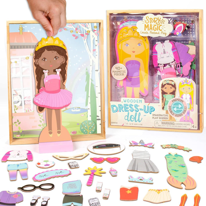Story Magic Dress-Up Dolls Playset, Pretend Play Magnetic Case, Magnet Outfit and Accessory Pieces, Great for Travel or Playdates, Magnetic on the Go Activity Set for Ages 4, 5, 6, 7 , Pink