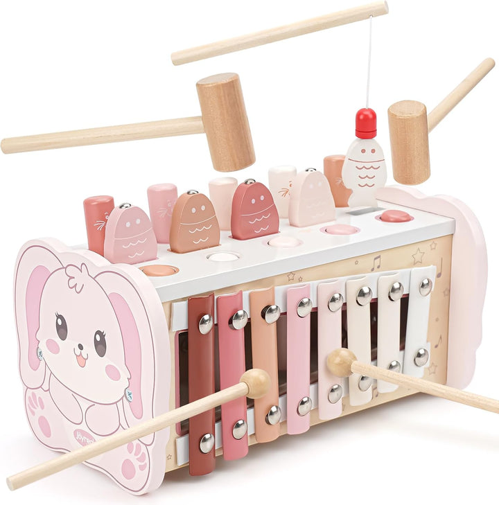 Montessori Toys for 1 Year Old Girl Gift - Pink Wooden Hammering Pounding Toy with Xylophone & Fishing Game - Toddler Learning Activities for Kids 1+ 2 3 Year Old Christmas Birthday Gifts