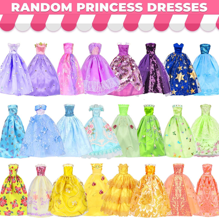 130 Pcs Doll Clothes and Accessories Kit, Including 4 Princess Gowns 8 Fashion Dresses 3 Tops 3 Pants 2 Bikini Swimsuits 20 Shoes 20 Accessories and Hangers for 11"-12" Dolls
