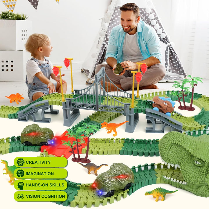 Dinosaur Track Toys for Kids - Best Birthday Gifts for 3 4 5 6 7 Year Old Boys, Flexible Race Car Track Set with Light & Sound, Create a Dino World Adventure