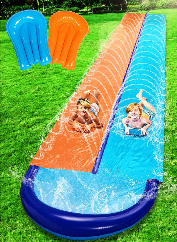 32.5FT Double Water Slides, Heavy Duty Lawn Slip and Slide with Sprinkler and 2 Inflatable Boards Backyard Yard Lawn Summer Outdoor Water Toy for Kids Adults