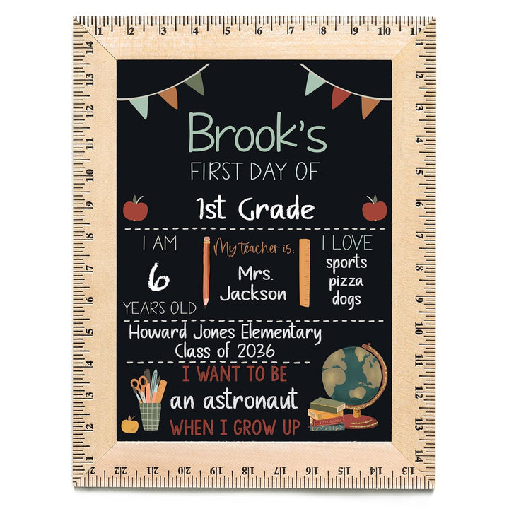 Bloom Owl First Day of School Chalkboard Sign - 11.5"X15" Reusable Back to School Photo Prop with Wooden Ruler Frame for Preschool, Kindergarten, and Beyond
