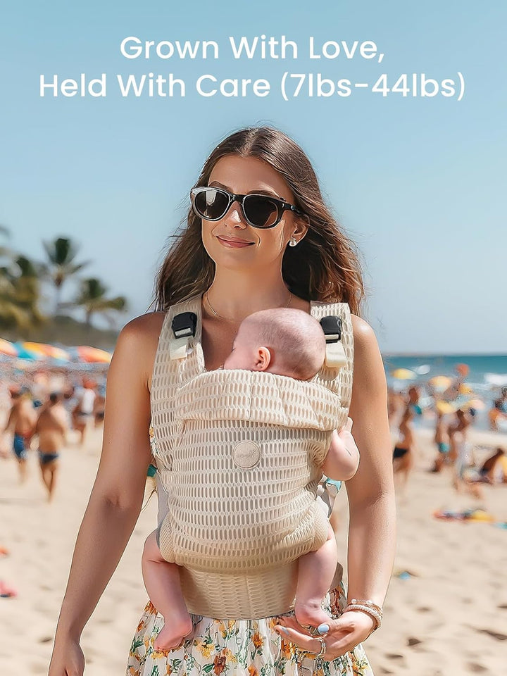 Baby Carrier Newborn to Toddler, Breathable Mesh Carrier(7-44Lbs) with One-Click Sliding Clasp, Head Support, Ergonomic Design and Hands-Free Comfort, Almond Beige