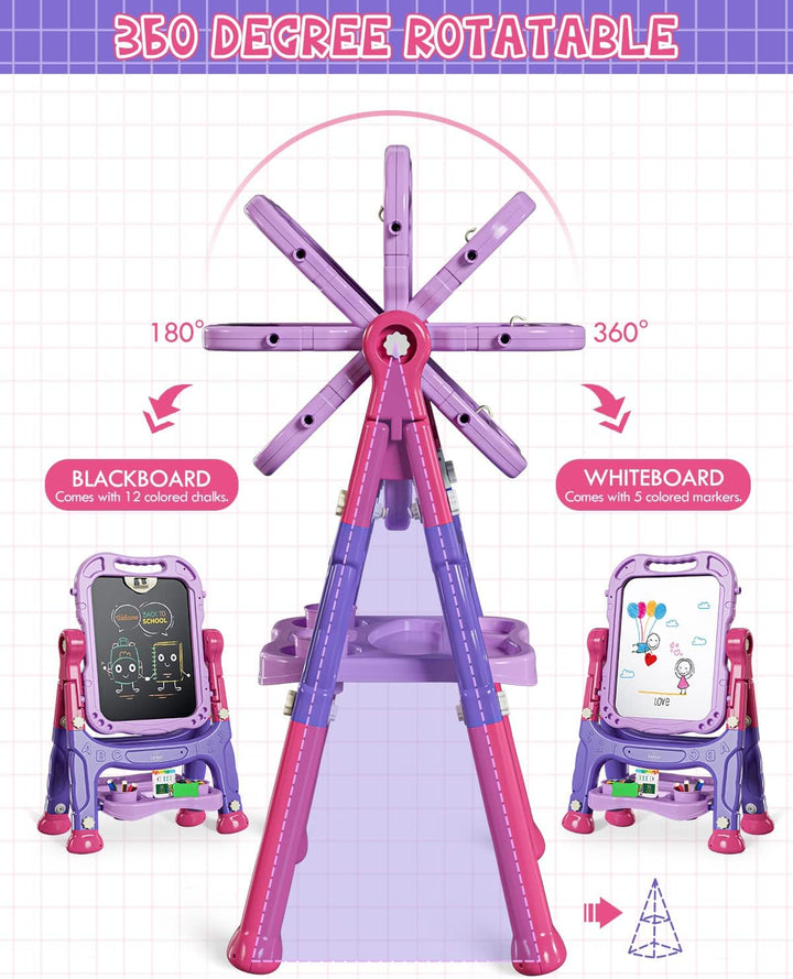 Easel for Kids, Double Sided Kids Art Easel with Magnetic White Board Chalk Board, Adjustable Standing Toddler Easel with Drawing Accessories, Gift for Girls 3 4 Years Old