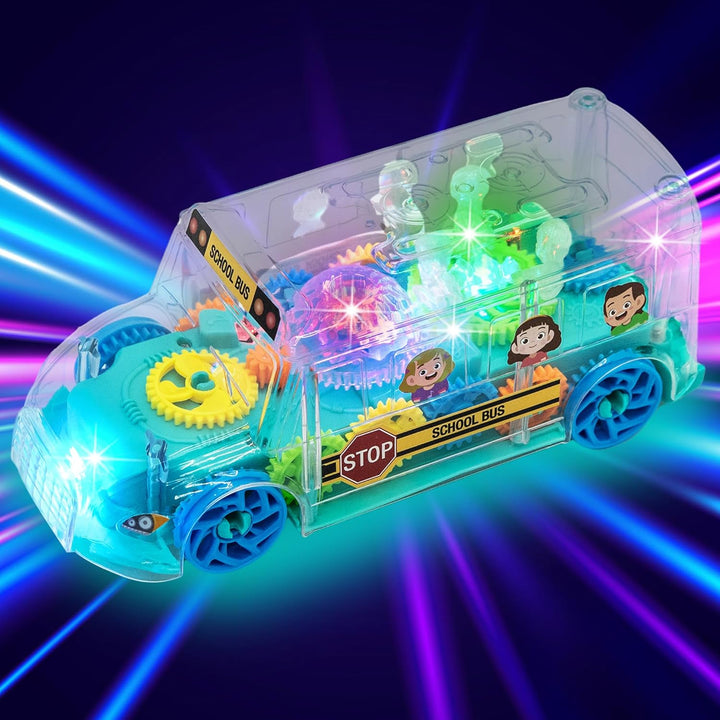 Light up School Bus Toy for Toddlers - Bump and Go School Toy Bus with Colorful Spinning Gears, LED Lights, and Music - Autism Sensory Toys for Boys Ages 4 5 6 7 8
