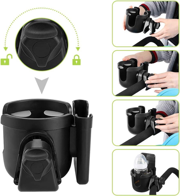 Stroller Cup Holder with Phone Holder, Bike Cup Holder, Universal Cup Holder for Uppababy Nuna Doona Strollers, 2-In-1 Cup Phone Holder for Stroller, Bike, Wheelchair, Walker, Scooter