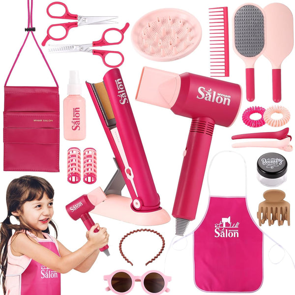 Pretend Hair Salon Toys for Girls,Pretend Makeup for Toddlers Dress up Beauty Salon Set Stylist Kit with Hair Dryer Apron Curling Flat Scissors Accessories Girl Gifts