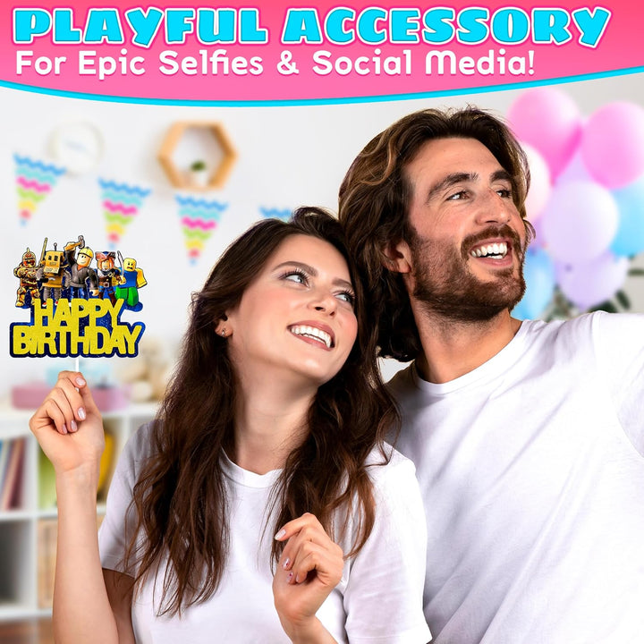 Video Game Cake Topper Decorations - Vibrant Glitter Cardboard Gamer Cake Topper, Eye-Catching Design, Firm Installation & Easy Adjusting, Sturdy Plastic Stick - Birthday Decorations for Boys & Girls