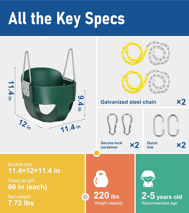 High Back Full Bucket, Toddler Swing with Coated Chains & Triangle Dip Pinch Protection for Safety, Baby Swing Outdoor with Locking Buckles, Toddler Bucket Swing for Backyard, Playground, Green
