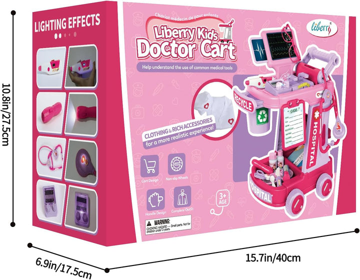 Doctor Kit for Toddlers Aged 2 3 4 5, Pretend Doctor Play Set for Kids with Cart, Costume and Stethoscope, Role Play Medical Toys for Girls Boys(Pink)