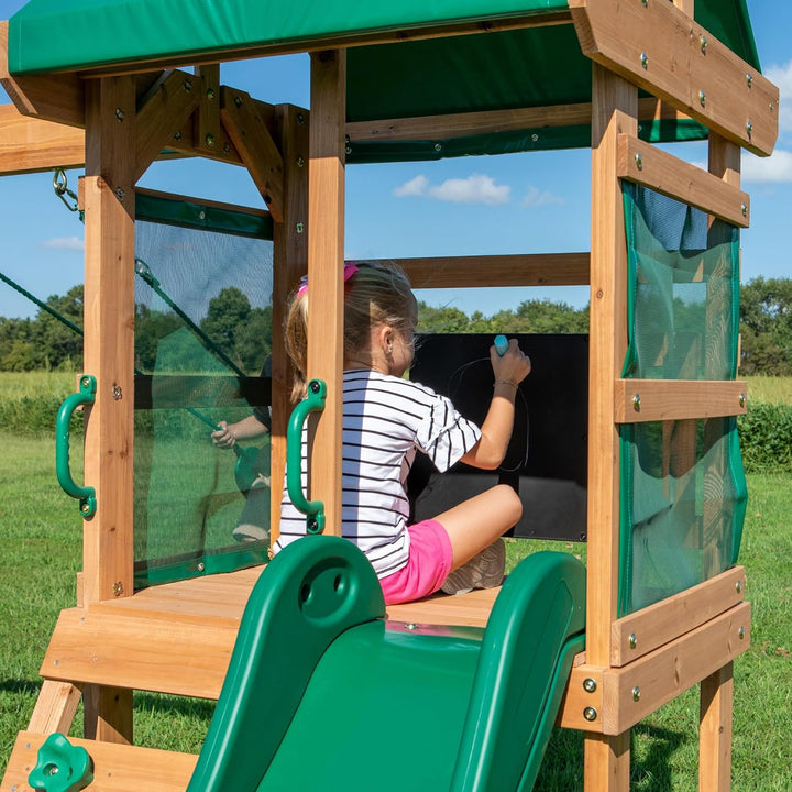 Buckley Hill Cedar Wood Swing Set with Wave Slide, Play Deck, Rock Wall Ladder, Belt Swings, Chalkboard, Canopy Roof, Outdoor Playset