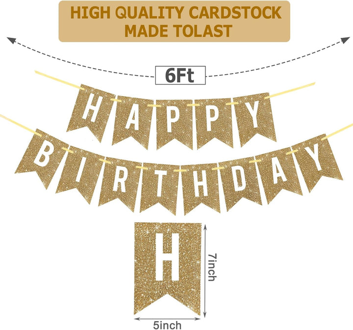 Pre-Strung Gold Happy Birthday Banner Decorations,12 Ft No DIY Gold Glitter Birthday Party Banner Sign Decor for Women Men Girl Boy Party Supplies
