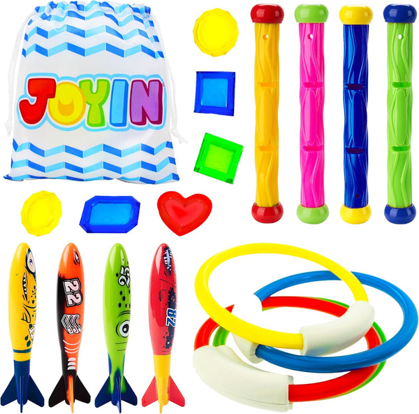 18Pcs Diving Pool Toys for Kids, Swimming Pool Toy with Storage Bag Includes 4 Pool Rings, 4 Diving Sticks, 4 Bandits, 6 Treasures Underwater Swim Pool Games for Ages 8-12