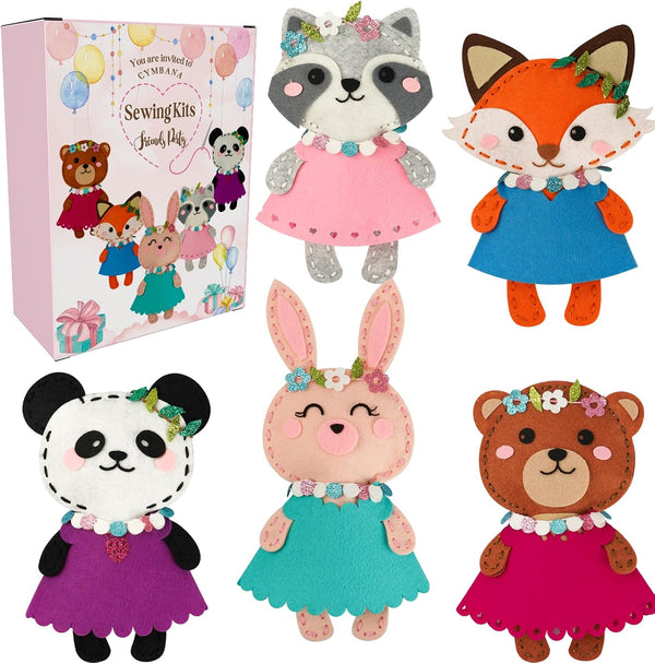 Kid Sewing Craft Kit to Make a Friend for Beginner Felt Craft Learn to Sew, Panda Fox Bunny Raccoon Bear 5 Animals