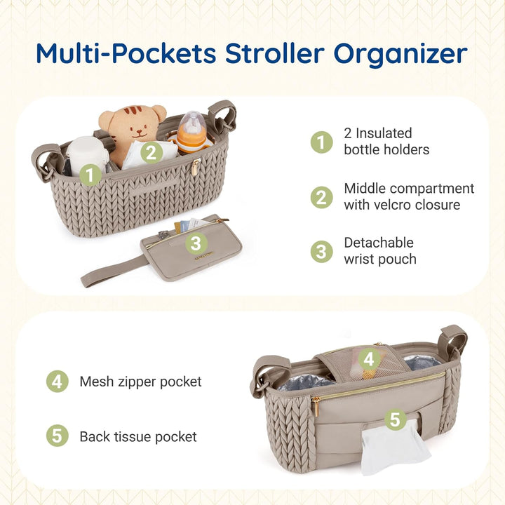 Stroller Organizer with Insulated Cup Holders, Adjustable Stroller Caddy with Detachable Phone Bag, Stroller Accessories Fits for Uppababy, Doona, Jogger, Britax, Mompush, Bob