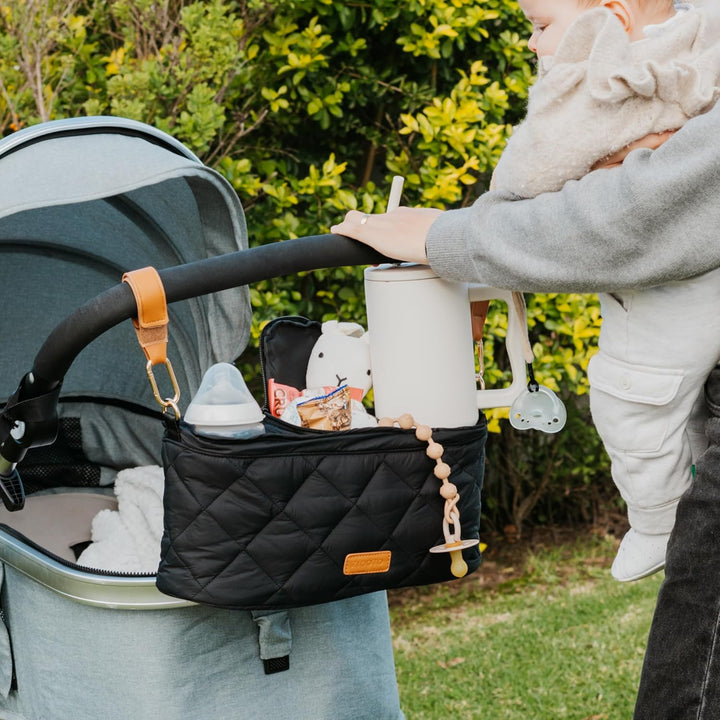 Beautiful Stroller Caddy Organizer with 2 Cup Holders – Luxury Stroller Bag, Universal Fit, Leather Straps & Zipper Pocket – Spacious Accessories Perfectly Fits Doona, Nuna & Uppababy Strollers