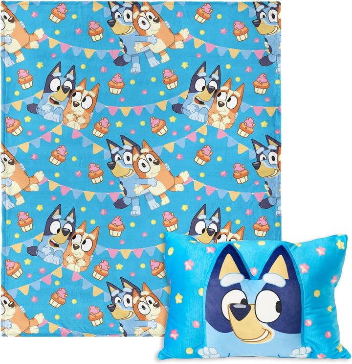 Bluey Party Pups Silk Touch Throw Blanket 50 X 60 Inches with Bluey Plush Pocket Pillow 14 X 20 Inches - Comfy & Cozy Bluey Blanket & Pillow Set for Boys and Girls