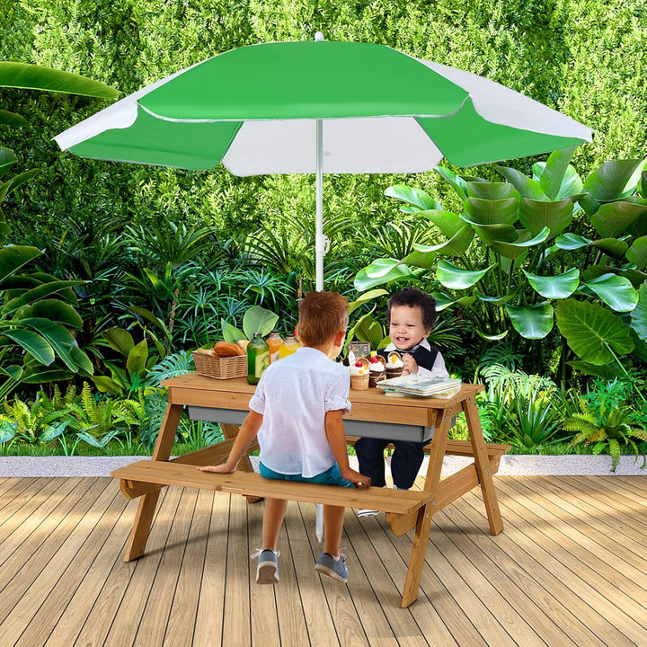 Kids Picnic Table with Sensory Bins, 4 in 1 Sand and Water Table with Height Adjustable Umbrella, Removable Tabletop for Outdoor Backyard Patio Play