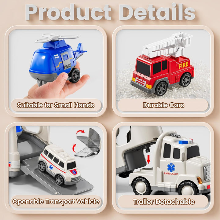 5-In 1 Play Ambulance Toy Vehicle Toddler Truck Toys for 3 4 5 6 7 Year Old Boys - Friction Powered Cars with Light and Sound, Police Car, Fire Truck, Ambulance Car, Birthday Gifts for Kids