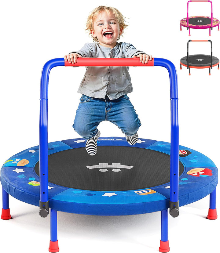 ® 36" Mini Foldable Toddler Trampoline for Kids with Height-Adjustable Handle, Noise-Free Kids Trampoline Indoor with Super Safety Pad & Durable Steel Frame, Indoor/Outdoor