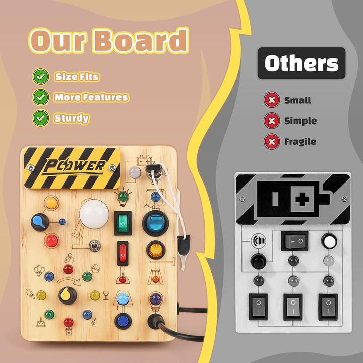 Montessori Busy Board Wooden Sensory Toys for Toddler with LED Light up Switch, Baby Fidget Board Travel Toys for 18+ Months, 1 2 3 Year Old Boys Girls Toddler Toy Gifts (Classic)