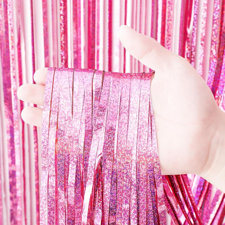 2 Pack Laser Pink Tinsel Foil Fringe Curtains, Mothers Day Pink Decorations, Metallic Tinsel Party Streamers Backdrop for Birthday Bachelorette Graduation Wedding Party Decorations