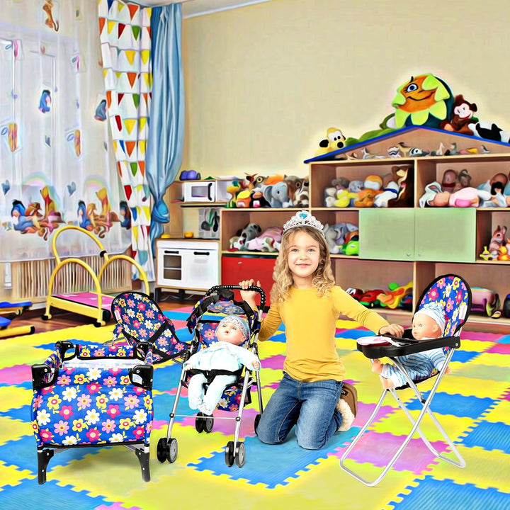 4 Piece Baby Doll Play Set Flower Design Includes - Foldable Pack N Play, Baby Doll Stroller, Baby Doll High Chair, Infant Seat, Fits up to 18'' Doll 4 Piece Doll Accessories Set