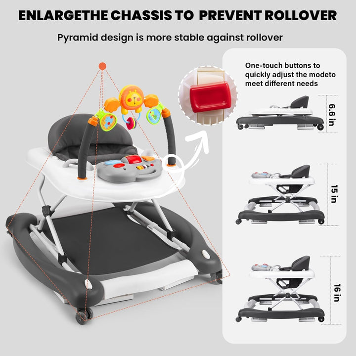 Baby Walker, 5-In-1 Baby Walkers for Boys and Girls 6-12 Months with Bouncer, Removable Footrest, Feeding Tray & Music, Foldable & Adjustable Activity Walker for 6-18 Months Toddler Infant