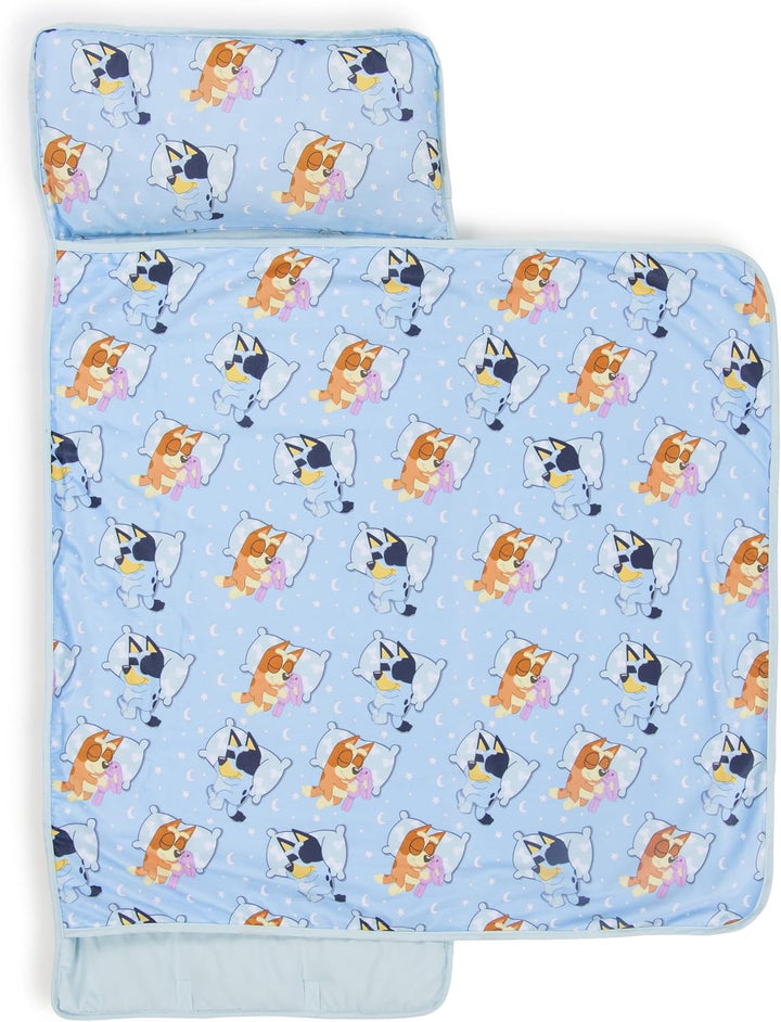Toddler Nap Mat with Built-In Pillow and Blanket - Soft 46 X 20-Inch Microfiber Kids Sleeping Bag for School or Sleepover, Pink - Bluey & Bingo