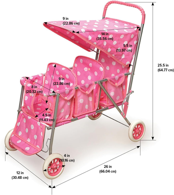 Triple Doll Stroller for Dolls - Lightweight and Foldable Toy Pram with Canopy - Fun Pretend Play for Kids in Stylish Pink with Polka Dots