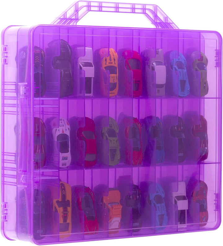 Double Sided Storage Case for 48 Toy Cars, Matchbox Cars, Portable Transparent Storage Case with 48 Compartments, Case Only (Transparent)…