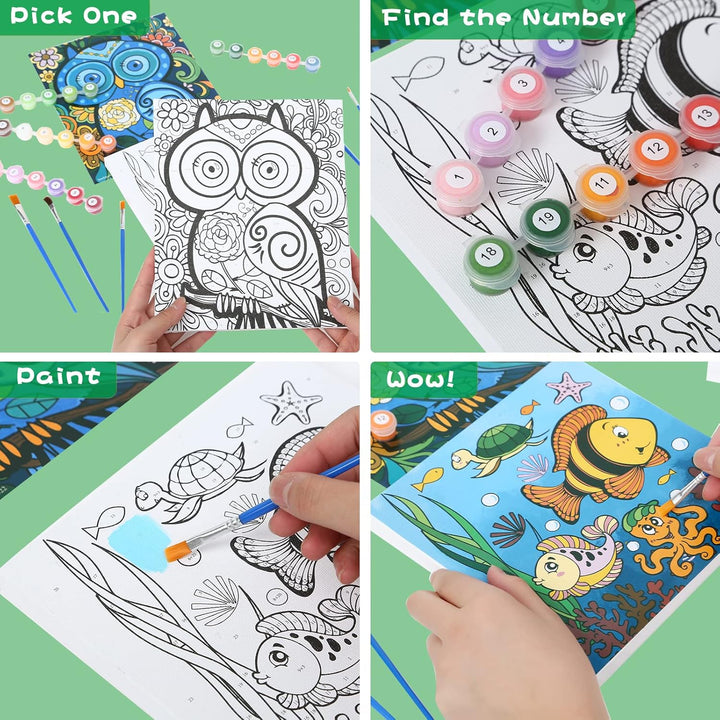 3 Pack Paint by Numbers for Kids Ages 8-12, Pre-Printed Acrylic Oil Painting, Includes (8X10, 8X9, 8X8 Inch) Framed Canvas with 30 Acrylic Paint Pots, 5 Brushes for Kids, Art Supplies for Kids 9-12