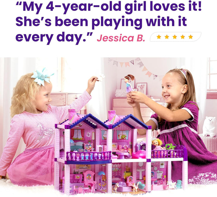 Dollhouse with 4 Princesses, 4 Unicorns, Dog, Furniture and Accessories - Pink and Purple Dream Doll House Toy for Little Girls - 5 Rooms W/Garden, Furniture and Accessories, Gift for Girls Ages 2-7