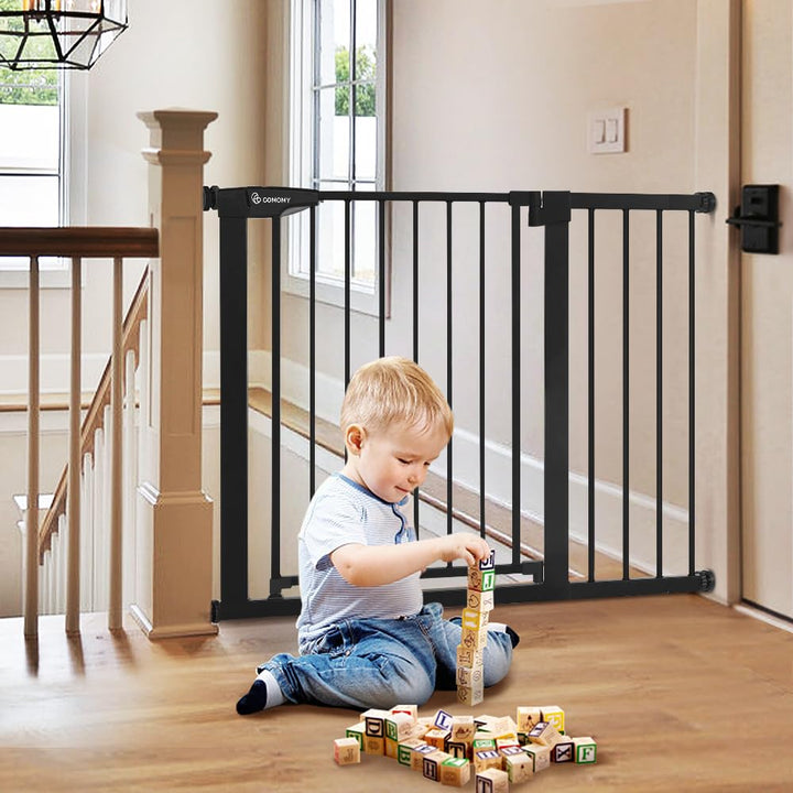36" Extra Tall Baby Gate for Stairs and Doorways - Fits 29.5" to 48.8" Wide Openings, Auto Close Extra Wide Dog Gate for House, Pressure Mounted Easy Walk through Pet with Door, Black
