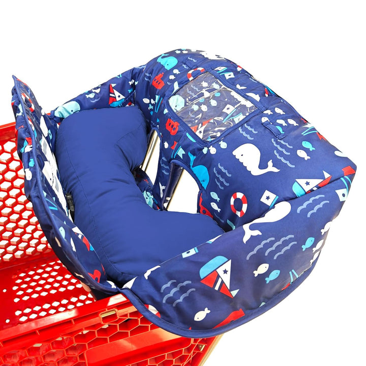 Soft Pillow Attached 2-In-1 Shopping Cart and High Chair Cover for Baby, Cotton Padded Cart Cover, Fold'N Roll Style, Portable with Carry Bag (Gray Elephant)