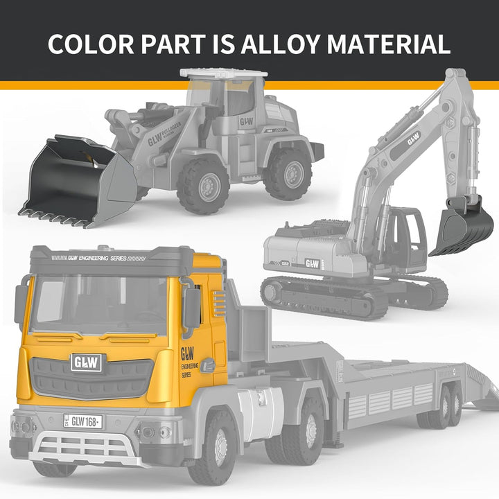 Kids Toys for 3 4 5 6 7 Years Old Boys, Die-Cast Construction Toys Set W/Semi Truck, Excavator, Bulldozer, Alloy Engineering Construction Vehicles Truck Toys W/Lights & Sounds, Model Cars