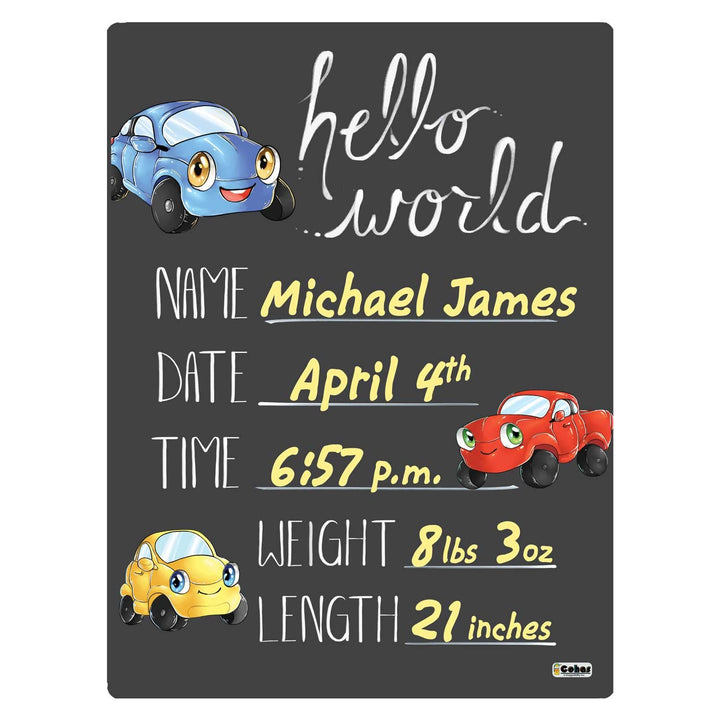 Hello World Newborn Baby Announcement Chalkboard Sign with Automobile Theme, 12 by 16 Inches, No Marker